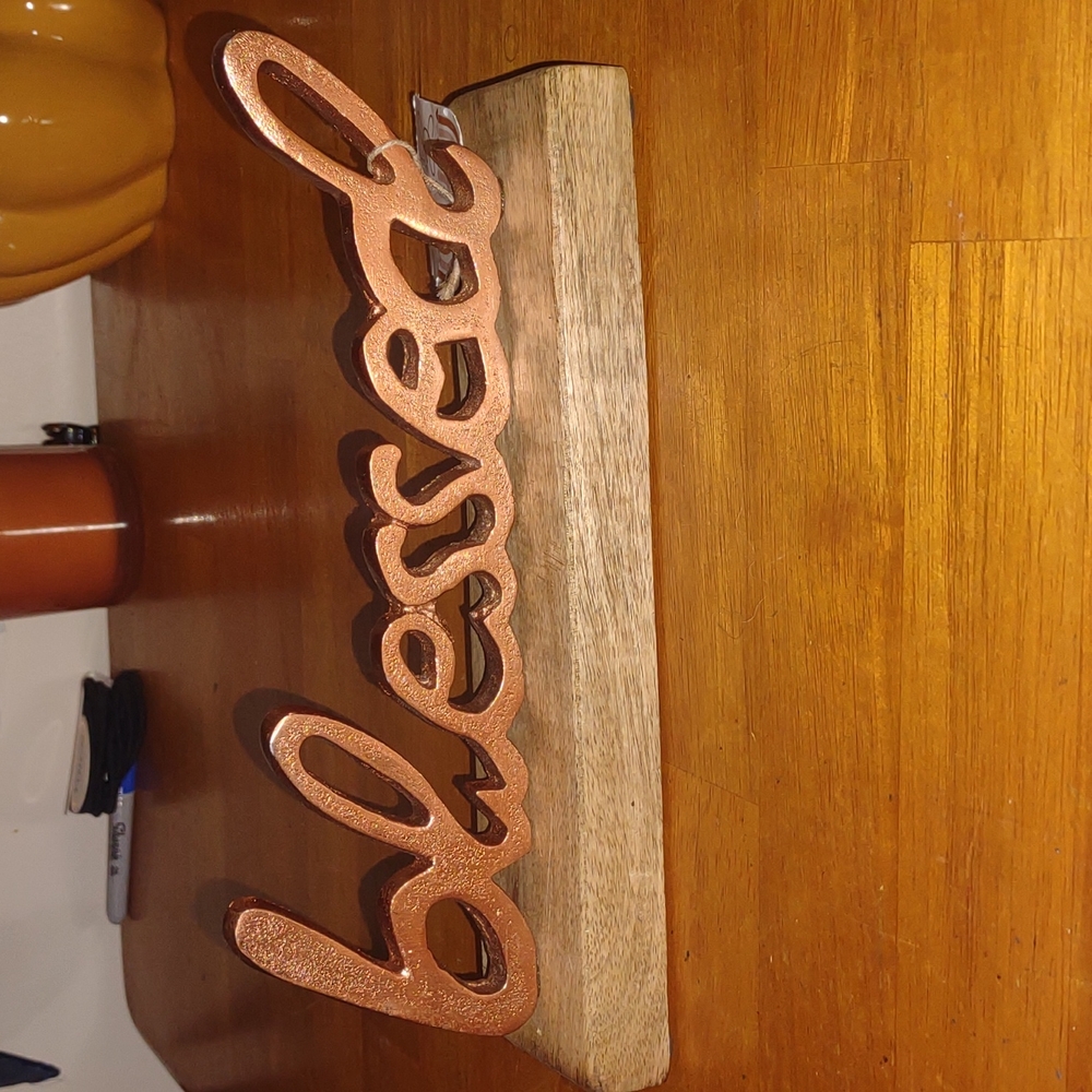 BLESSED copper color metal wood block standing decorative tabletop sign Nwt